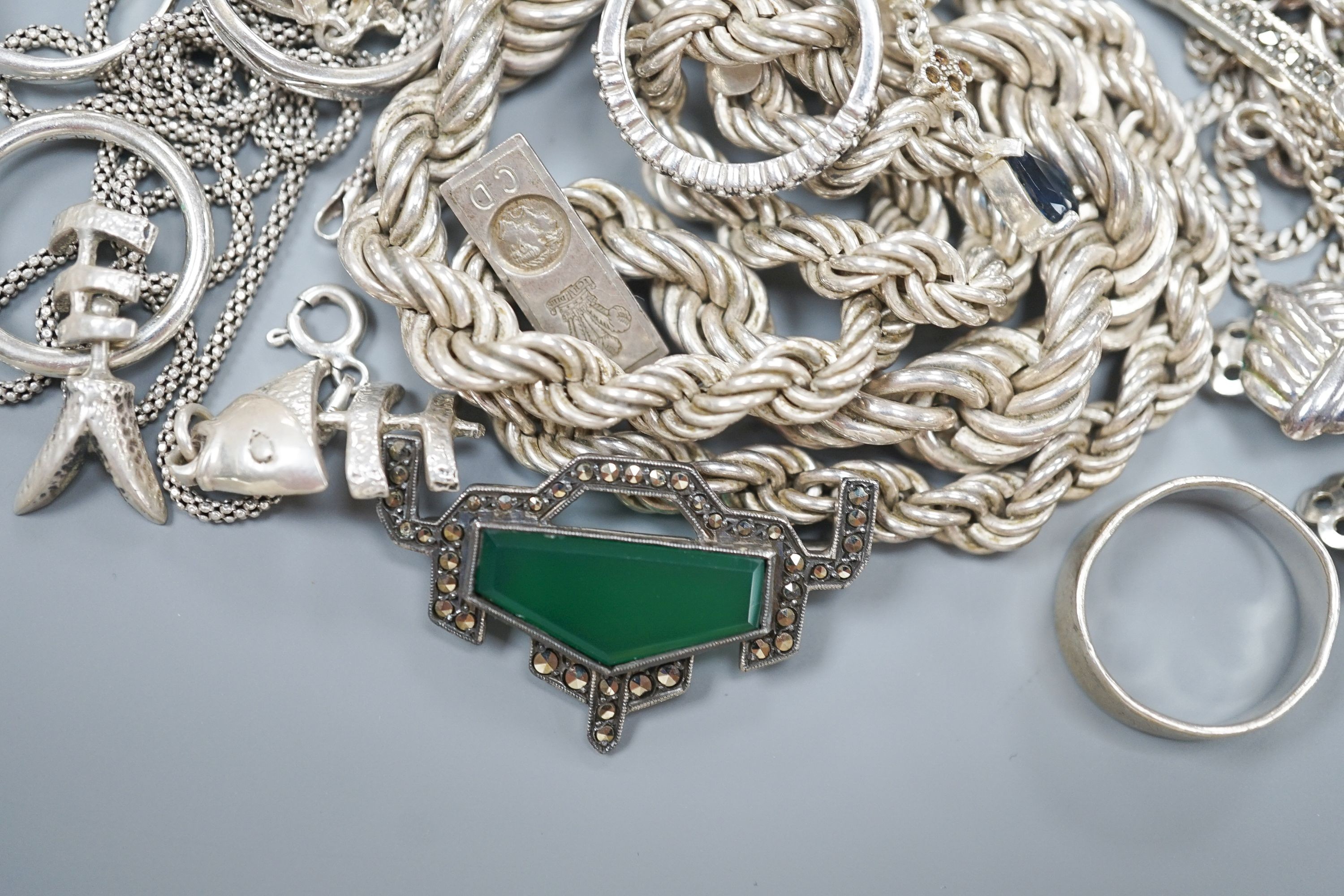 Mixed jewellery including silver and costume, together with a silver toastrack, a silver sovereign case, etc.